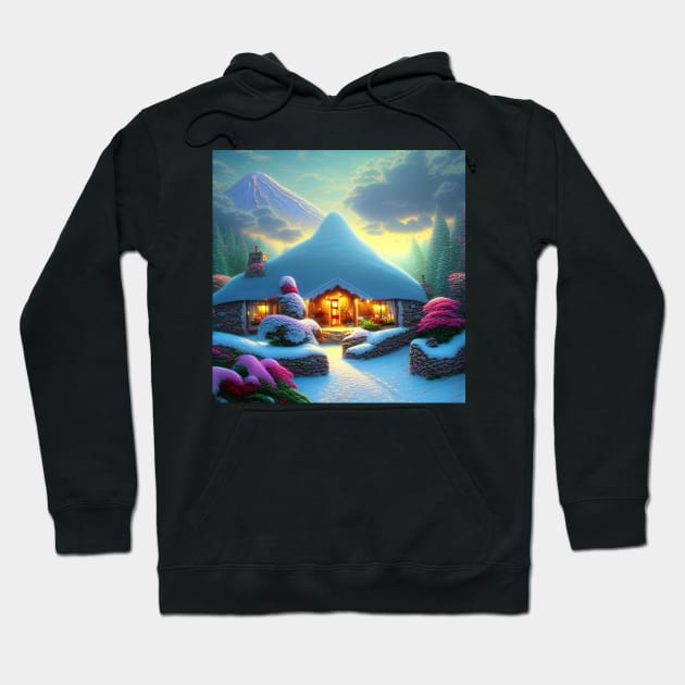 Magical Fantasy Cottage with Lights In A Snowy Scene, Scenery Nature Hoodie by Promen Art